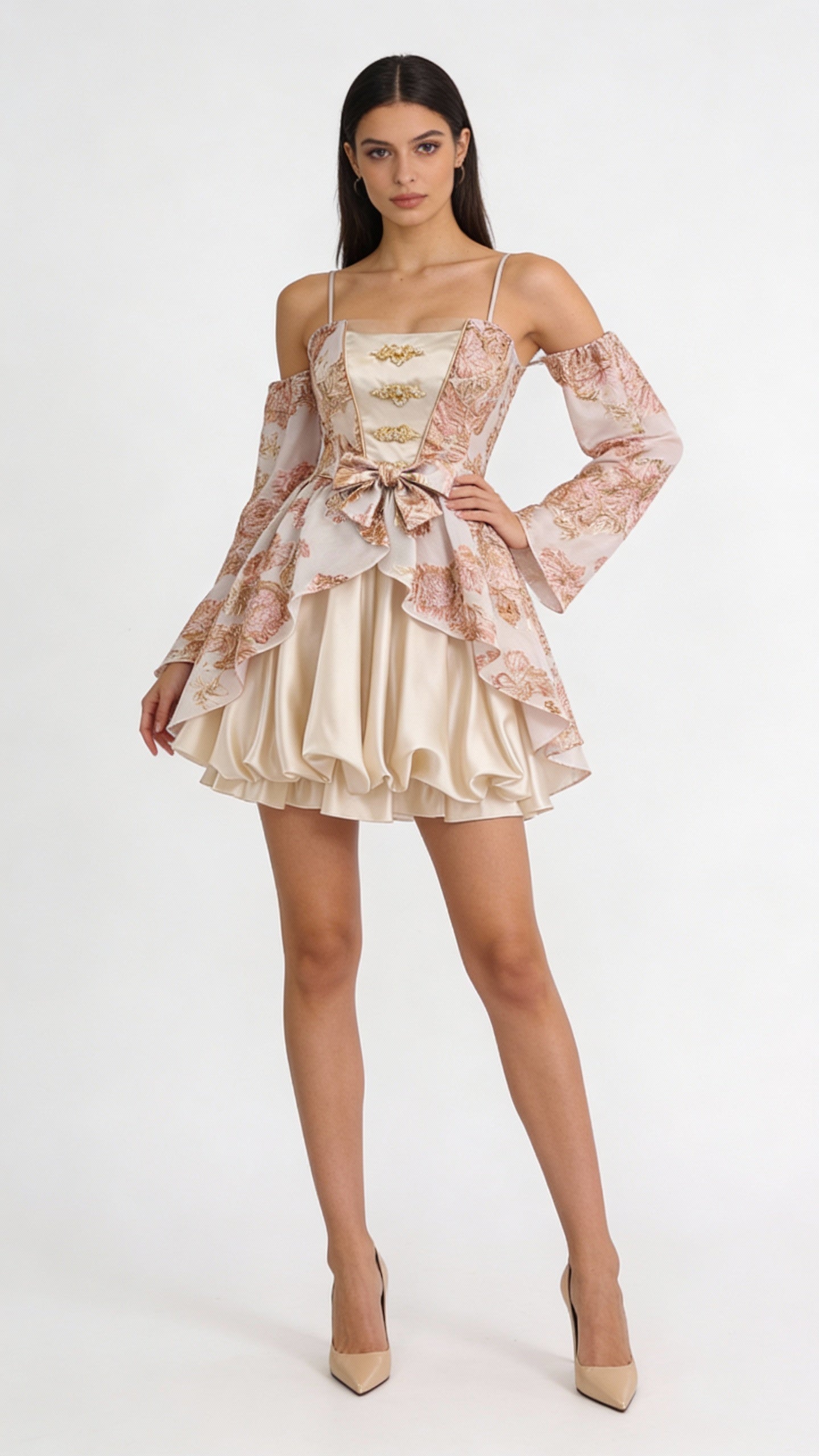 Woman wearing a formal european stylish dress with floral lace overlay on a white background