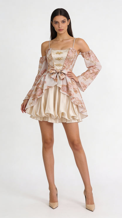 Woman wearing a formal european stylish dress with floral lace overlay on a white background
